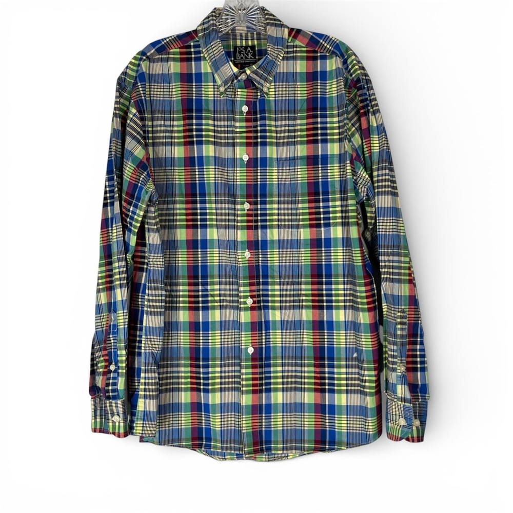 Jos A Bank Button Down Shirt Mens L Multicolor Plaid Long Sleeve Oxford Tailored